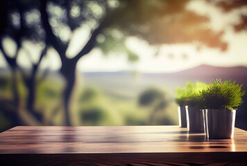 Empty table with blurry green natural park garden or backyard background. Nature and outdoor...