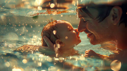 An intimate image focusing on the tender moment between a parent and their baby in the pool, as they make eye contact and share a loving embrace, with the water shimmering around t