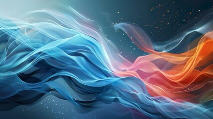 Obraz premium Textile, flow, silk background, futuristic wallpaper, design, abstract, light, bright, smooth, curve, orange and blue waves.
