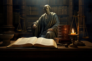 The photo shows a statue of a man sitting in a library. He is wearing a robe and has a book open in front of him. There is a candle on the table next to him.