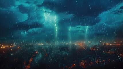 Spectacular thunderstorm with bright flashes and heavy rain in nocturnal urban scene