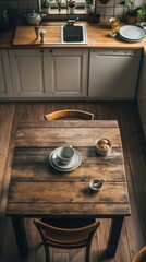 A rustic wooden dining table set for a simple meal