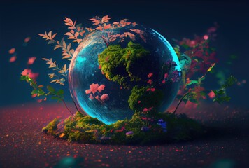 Beautiful Blue globe on the ground with decorating in summer season background. Beauty in nature and World Earth Day concept. Generative AI