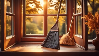 window window display featuring a broom and dustpan