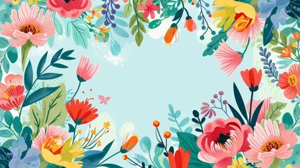 A vibrant and colorful floral border with a serene blue background