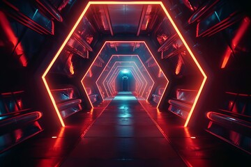 neon geometric shapes glowing in dark futuristic tunnel 3d illustration