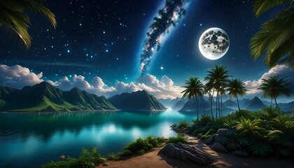 a breathtaking scene on paradise fantasy planet a night sky filled with moonlight and nebulae