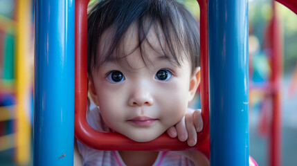 A charming close-up photograph capturing the innocence and wonderment of a toddler as they explore a colorful playground, their eyes wide with curiosity and excitement, while their