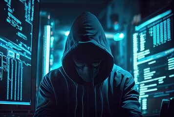 Hacker in the black hood in the server room. Unrecognizable people. Technology and Cybersecurity...
