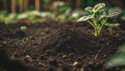 natural black earth on a garden bed loose humus background