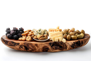 Wooden board with assorted cheeses and nuts on a white background