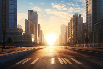 Fototapeta premium The image shows a wide, empty city street with skyscrapers on either side