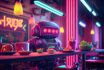 Cute robot eating food in the restaurant background. Technology and food concept. Generative AI - obrazy, fototapety, plakaty
