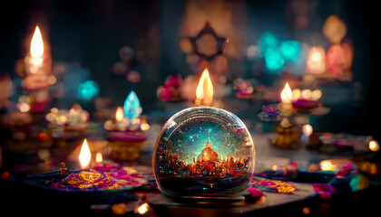 Diwali festival with colorful candles light and bokeh background. Generative AI