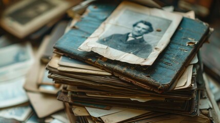A collection of worn-out books piled up, featuring a portrait of a man on one of the book covers.