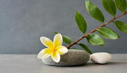 empty stone podium piece of driftwood and yellow flower on grey background minimal eco backdrop round natural rock or pebble and branch meditation and relax beauty and spa concept copy space