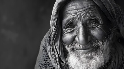 Classic monochrome portrait of an old man smiling.