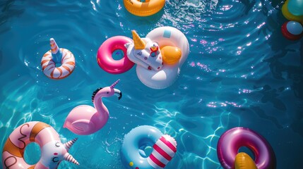 Colorful floats are drifting in the aqua water of a swimming pool, creating a vibrant and lively...