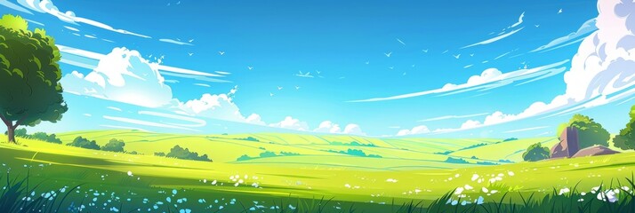 Cartoon Game Background: Panoramic Clear Blue Sky Scene