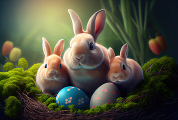 Rabbits family in the nest with many colorful Easter eggs for Happy Easter Day Greeting card background. Animal and pet concept. Generative AI