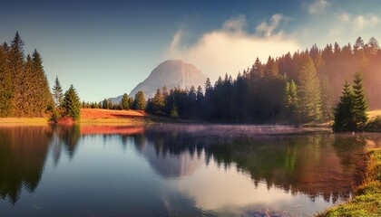fabulous misty morning scene of nature view of forest lake in highland with rocky peak on background