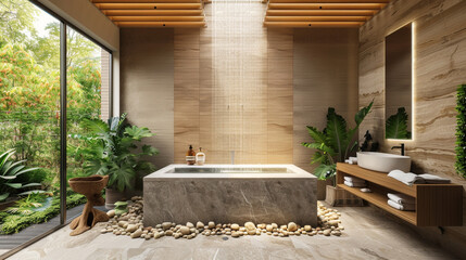 Embrace the serenity of a spa-inspired bathroom with natural stone surfaces, a freestanding tub, and a stunning skylight for stargazing.