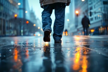 Solitary figure walking in rain-soaked city streets, reflecting lights on wet pavement. Dusk. Road. 
