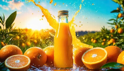bottle of orange juice is splashing in a field of oranges and blue sky the scene is bright and...