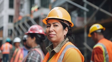 Professional Workplace Female Women: Hispanic Construction workers Greeting with Confidence Friendliness in Business Setting, Diversity Equity Inclusion DEI Celebration
