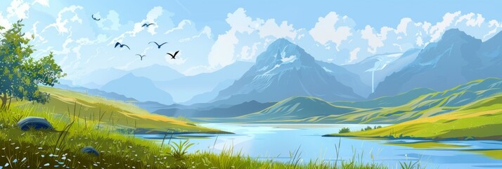Vector graphics of calm mountain and lake landscape