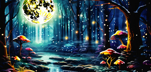 illustrazione con grande luna piena che illumina un bosco incantato - obrazy, fototapety, plakaty
