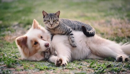 dog and cat playing together outdoor lying on the back together