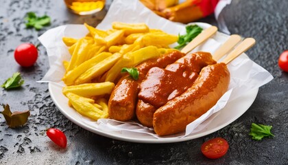 traditional german currywurst served with chips on disposable p