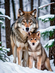 Grey wolf with its cub in the snowy forest