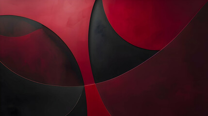 A minimalist abstract composition with layered geometric figures and smooth curves, showcased in a dramatic contrast of midnight black and crimson red