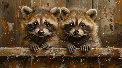   A pair of raccoons perched together on a window ledge alongside a wooden railing