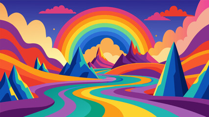 An abstract abstract landscape with towering psychedelic mountains and valleys carved out of swirling rainbows..