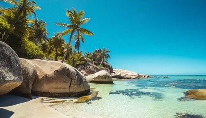 idyllic tropical beach with white sand clear turquoise water granite boulders and lush palm trees under a blue sky