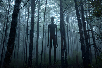 Imposing Spectacle of Slender Man Looming Amidst the Gloaming Mist-shrouded Woods - A Surreal Encounter with the Folklore Entity