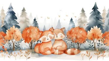 Naklejka premium Watercolor depiction of two foxes embracing amidst foliage and trees against a pure white backdrop