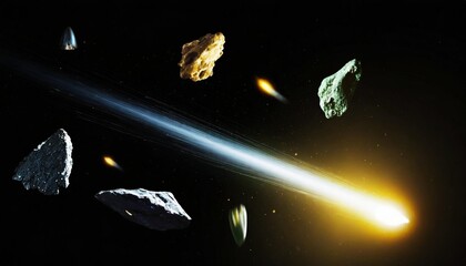 collection of meteorites asteroids comets meteors comet tail isolated on a black background...