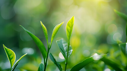 young tea leaves, vibrant green color, soft focus background with blurred foliage and sunlight filtering through the trees