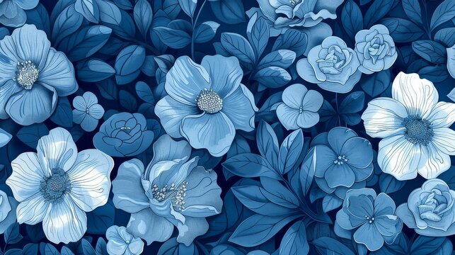 A serene blue floral pattern with a variety of blossoms