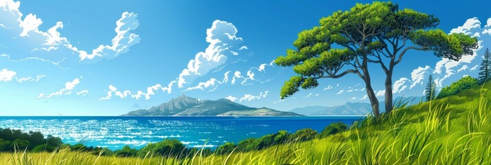 Vector Landscape Illustration: Scenic View of Green Grass, Ocean, Mountains, and Clear Sky