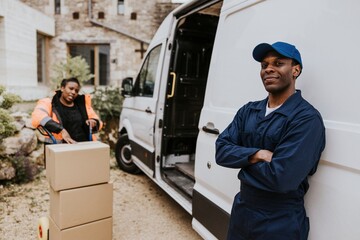 Workers unloading boxes, removal service job