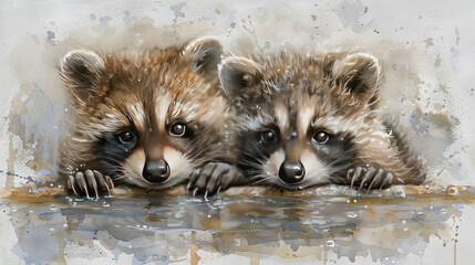 Naklejka premium Two raccoons lounging together on a body of water