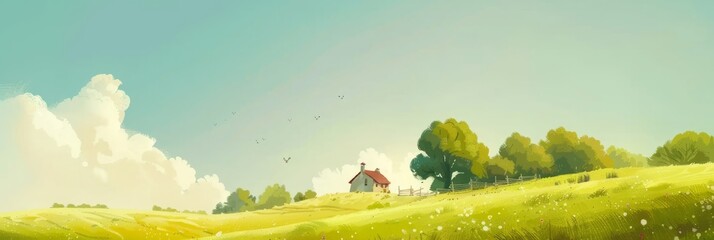 Sunny Hilltop Illustration: Green Fields Underneath the Sun