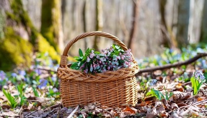 wicker basket with spring flowers of pulmonaria in forest natural background fresh lungwort or pulmonaria flower healing plant of early spring season used in folk medicine when coughing