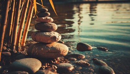 a stack or pyramid of stones bamboo stalks near the water a balancing pebble stone the concept of relaxation