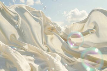 sundried linen sheets gently blowing in breeze with iridescent soap bubbles floating by concept illustration - obrazy, fototapety, plakaty